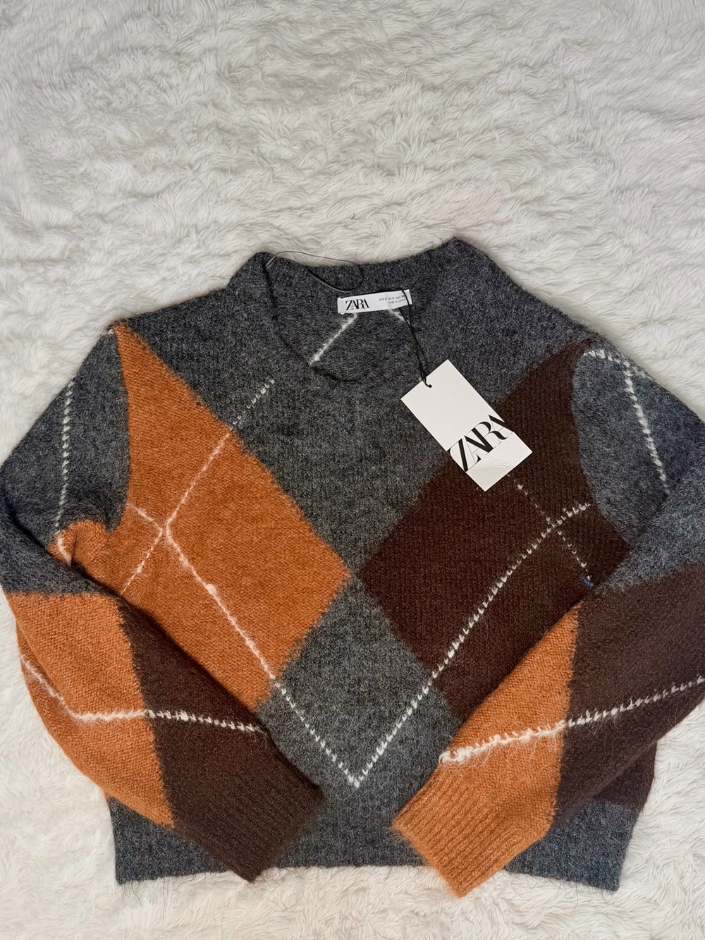 ZARA Women’s Crewneck Sweater in Gray, Brown & Orange Diamond Pattern